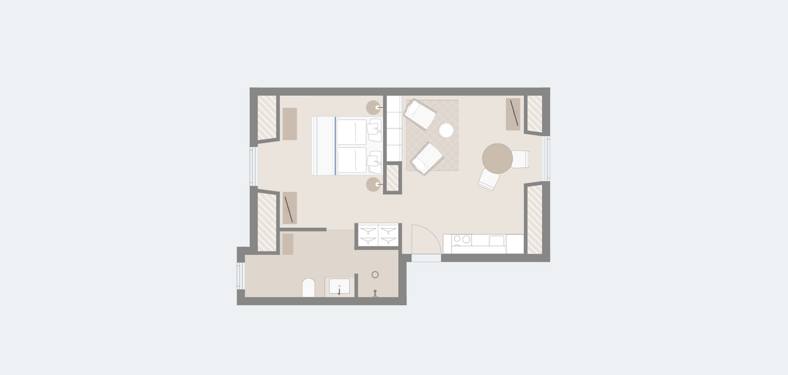 Floor plan with graphic studio upstairs in the Hotel Severin*s Resort and Spa on Sylt