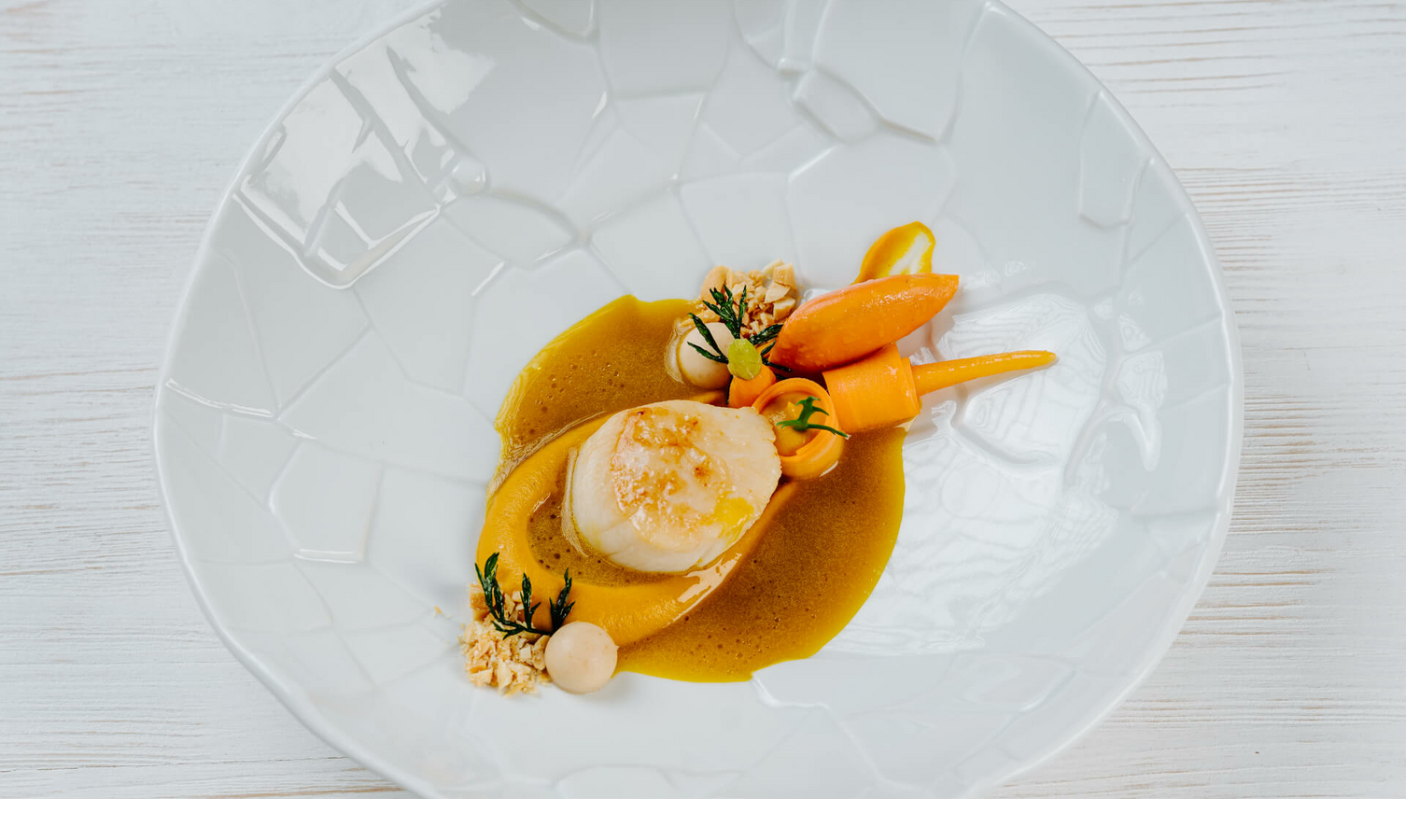 Dish with scallops at Tipken`s by Nils Henkel on Sylt Elegant dish with scallops, carrots and herbs on an artistic white platter at Severin*s Resort & Spa.
