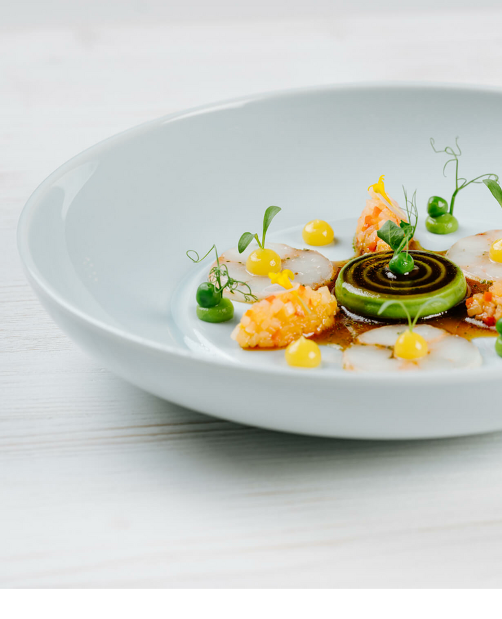 Dish with Norway lobster at Tipken`s by Nils Henkel on Sylt Gourmet dish with artfully arranged ingredients, including green cream, yellow dots and fine slices on a white plate.